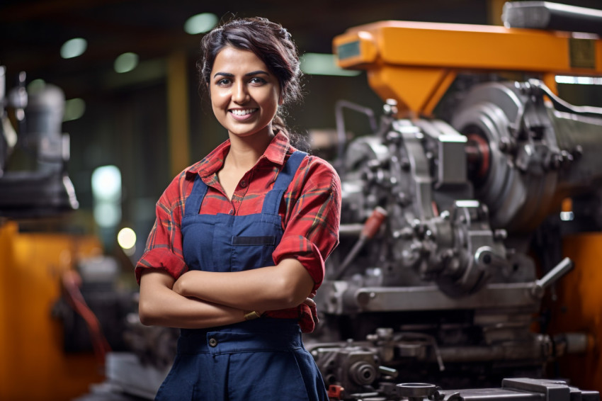 Smiling Indian female machinist working in a factory on blurred background Smiling Indian female machinist working in a factory on blurred background