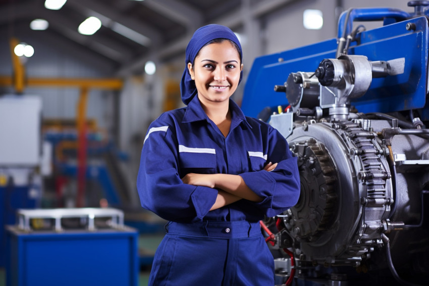 Smiling Indian female machinist working in a factory on blurred background Smiling Indian female machinist working in a factory on blurred background