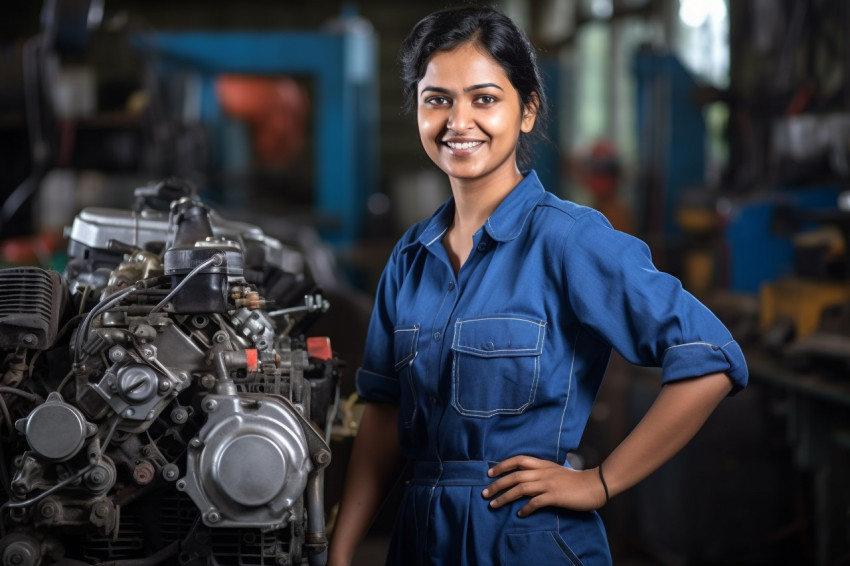 Indian woman mechanic smiling and working on blurred background Indian woman mechanic smiling and working on blurred background