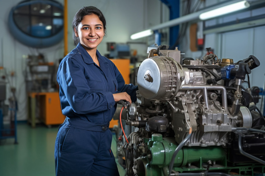 Indian woman mechanic smiling and working on blurred background Indian woman mechanic smiling and working on blurred background