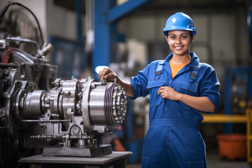 Smiling Indian female machinist working in a factory on blurred background Smiling Indian female machinist working in a factory on blurred background