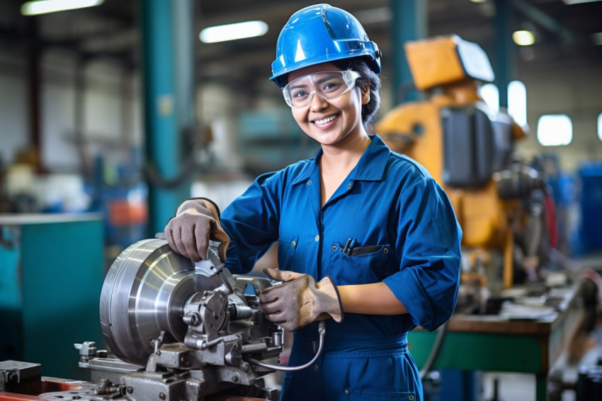 Indian woman tool and die maker working happily on blurred background Indian woman tool and die maker working happily on blurred background