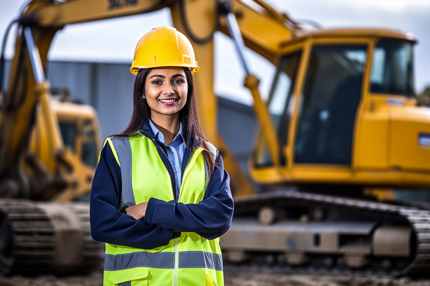 Indian woman smiles while operating a machine at work on blurred background Indian woman smiles while operating a machine at work on blurred background