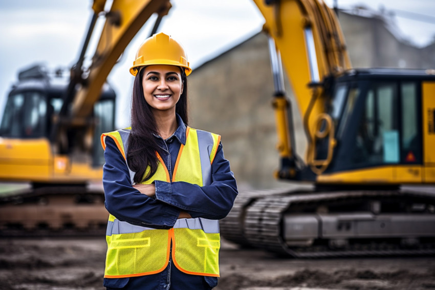 Indian woman smiles while operating a machine at work on blurred background Indian woman smiles while operating a machine at work on blurred background