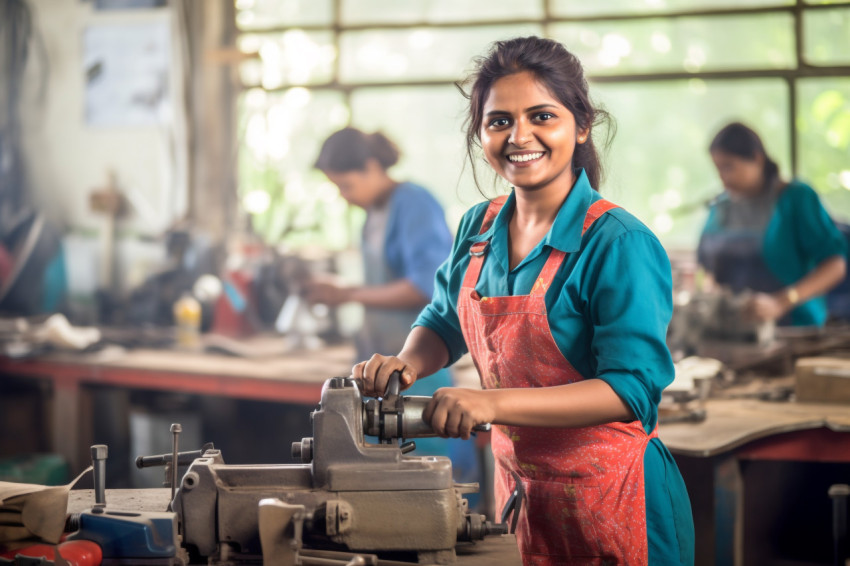 Indian woman tool and die maker working happily on blurred background Indian woman tool and die maker working happily on blurred background