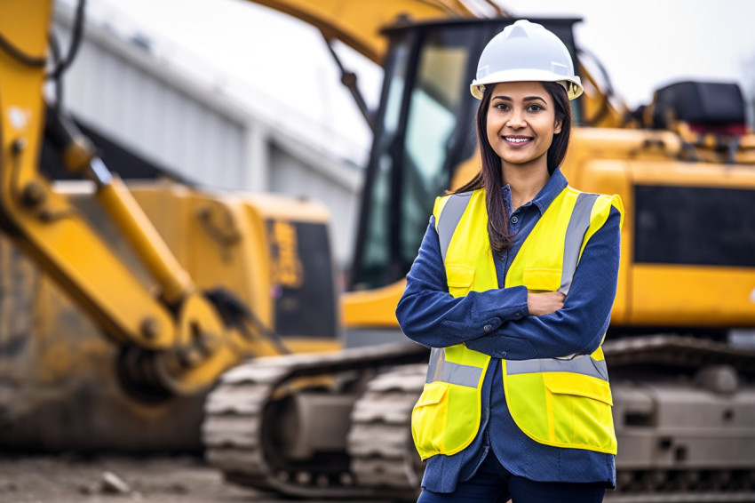 Indian woman smiles while operating a machine at work on blurred background Indian woman smiles while operating a machine at work on blurred background