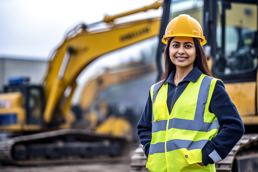 Indian woman smiles while operating a machine at work on blurred background Indian woman smiles while operating a machine at work on blurred background