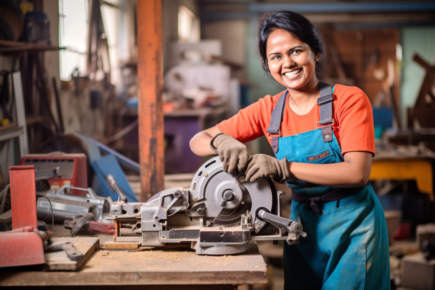 Indian woman tool and die maker working happily on blurred background Indian woman tool and die maker working happily on blurred background