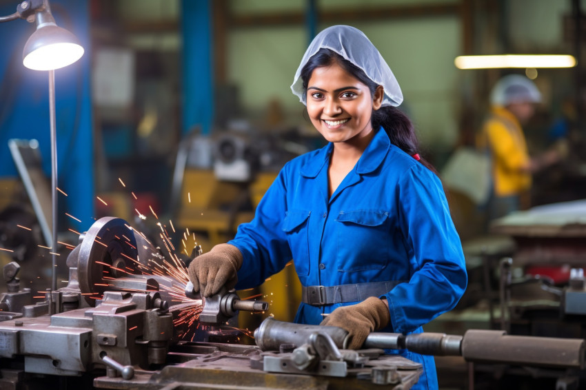 Indian woman tool and die maker working happily on blurred background Indian woman tool and die maker working happily on blurred background