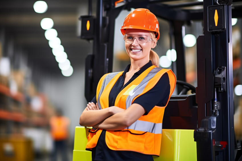Smiling woman machine operator working in factory on a blurred background Smiling woman machine operator working in factory on a blurred background