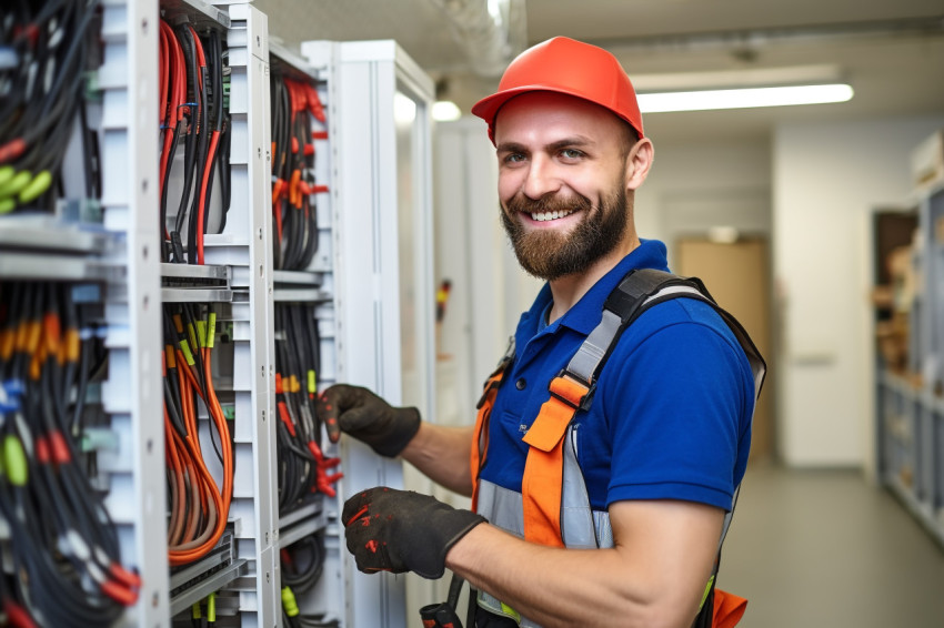 Electrician working with a smile on a blurred background Electrician working with a smile on a blurred background