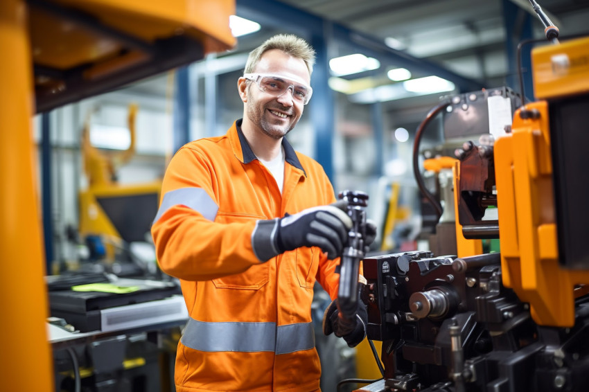 Machine operator working with a smile on a blurred background Machine operator working with a smile on a blurred background
