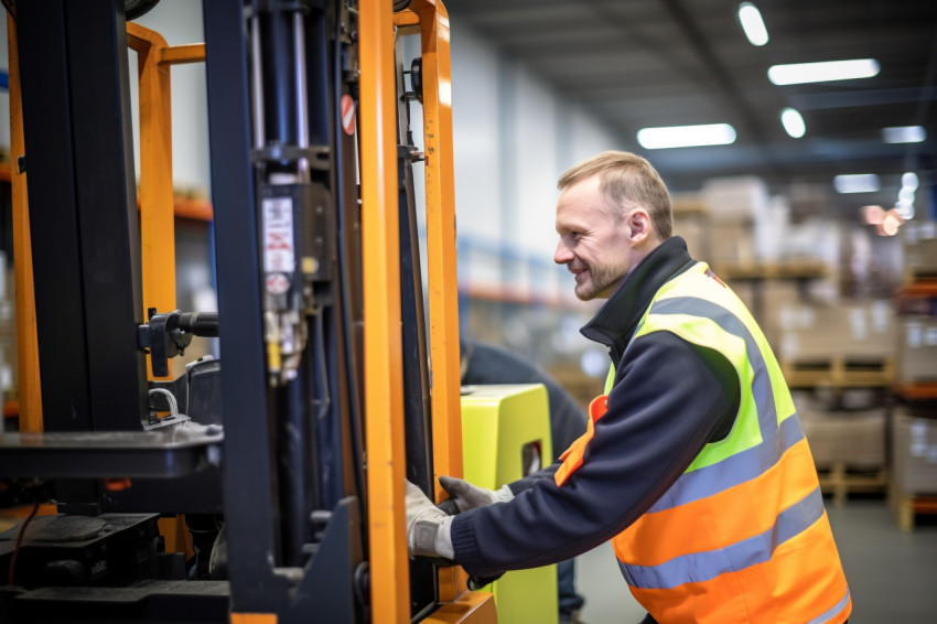 Machine operator working with a smile on a blurred background Machine operator working with a smile on a blurred background