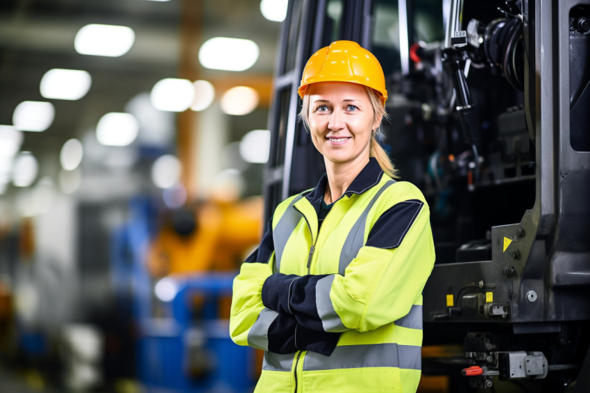 Smiling woman machine operator working in factory on a blurred background Smiling woman machine operator working in factory on a blurred background