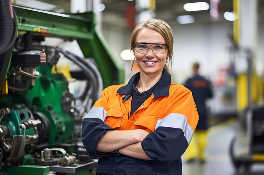 Smiling woman machine operator working in factory on a blurred background Smiling woman machine operator working in factory on a blurred background