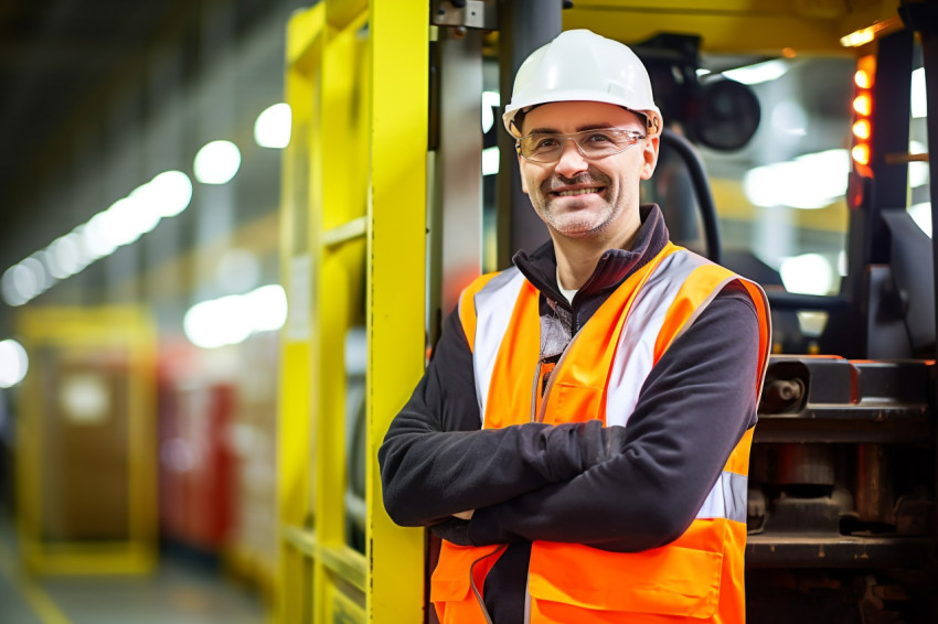 Machine operator working with a smile on a blurred background Machine operator working with a smile on a blurred background