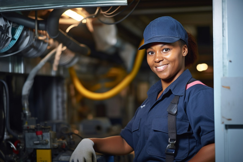 Female HVAC technician working on a blurred background Female HVAC technician working on a blurred background