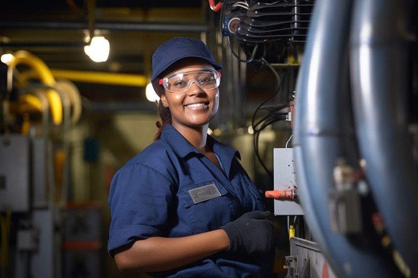 Female HVAC technician working on a blurred background Female HVAC technician working on a blurred background