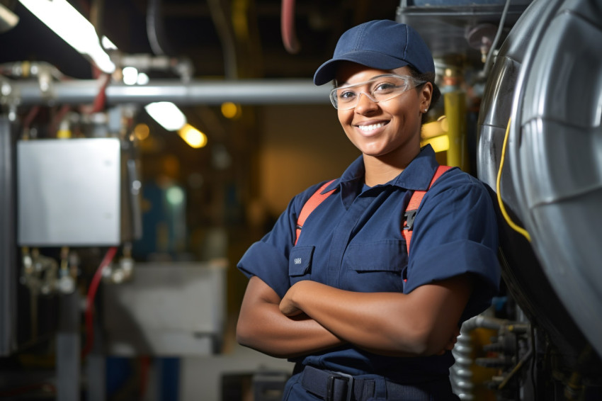 Female HVAC technician working on a blurred background Female HVAC technician working on a blurred background