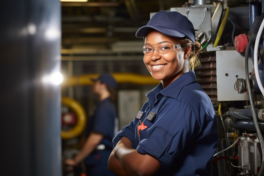 Female HVAC technician working on a blurred background Female HVAC technician working on a blurred background