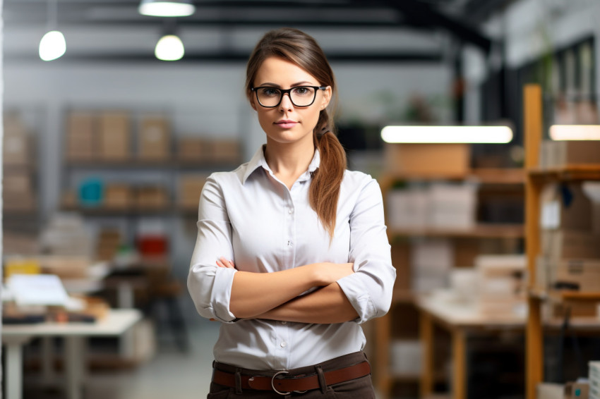 Woman mason confidently works on blurred background Woman mason confidently works on blurred background