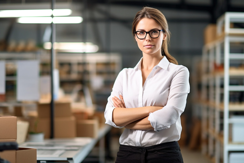 Woman mason confidently works on blurred background Woman mason confidently works on blurred background