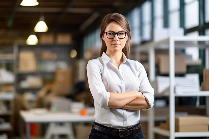 Woman mason confidently works on blurred background Woman mason confidently works on blurred background