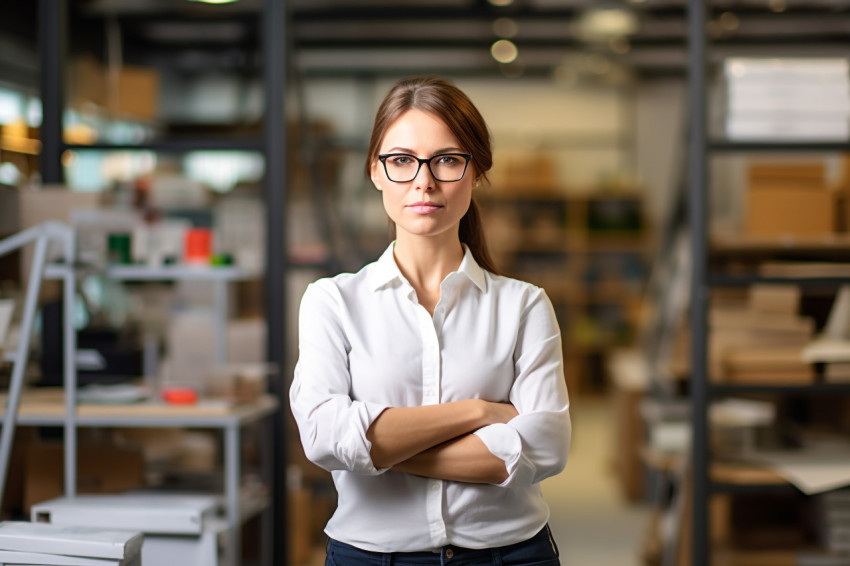 Woman mason confidently works on blurred background Woman mason confidently works on blurred background