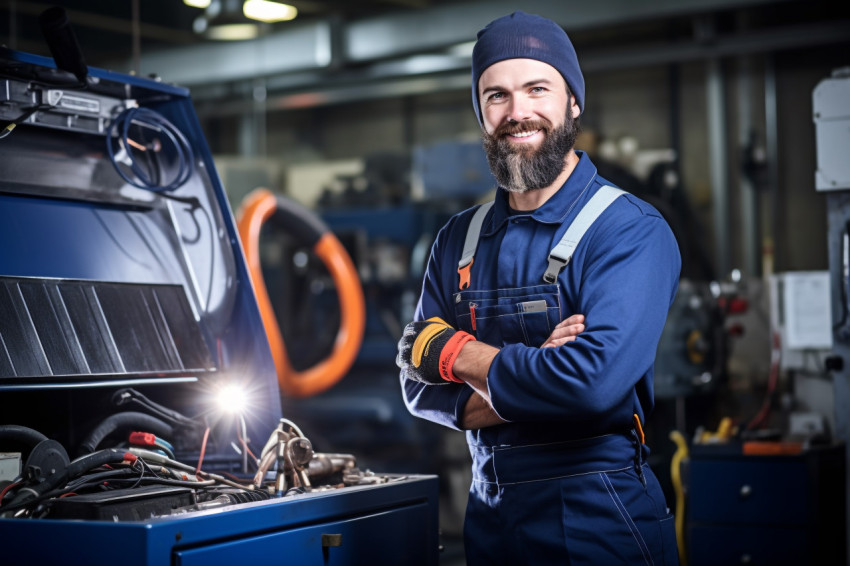 HVAC technician working confidently on blurred background HVAC technician working confidently on blurred background