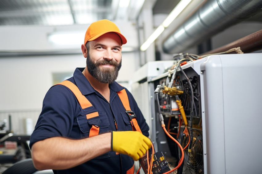 HVAC technician working confidently on blurred background HVAC technician working confidently on blurred background