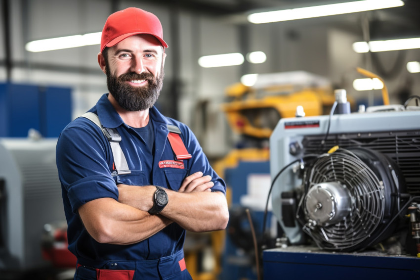 HVAC technician working confidently on blurred background HVAC technician working confidently on blurred background