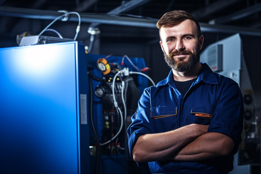HVAC technician working confidently on blurred background HVAC technician working confidently on blurred background