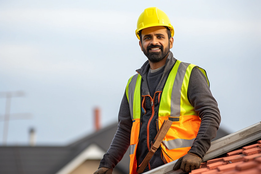 Indian roofer working on blurred background Indian roofer working on blurred background