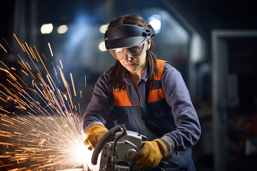 Confident female ironworker working on blurred background Confident female ironworker working on blurred background