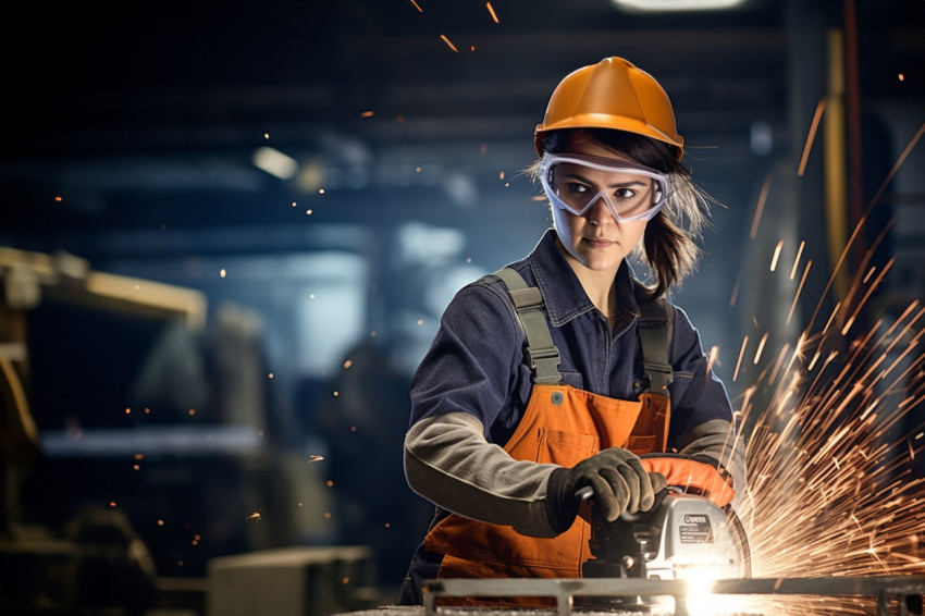 Confident female ironworker working on blurred background Confident female ironworker working on blurred background