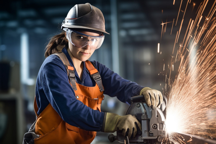 Confident female ironworker working on blurred background Confident female ironworker working on blurred background
