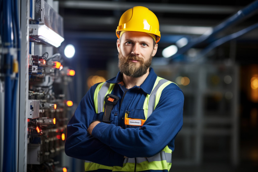 Electrician working confidently on blurry background Electrician working confidently on blurry background