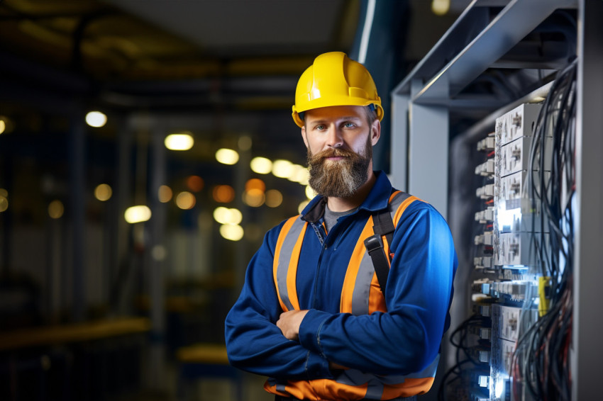 Electrician working confidently on blurry background Electrician working confidently on blurry background