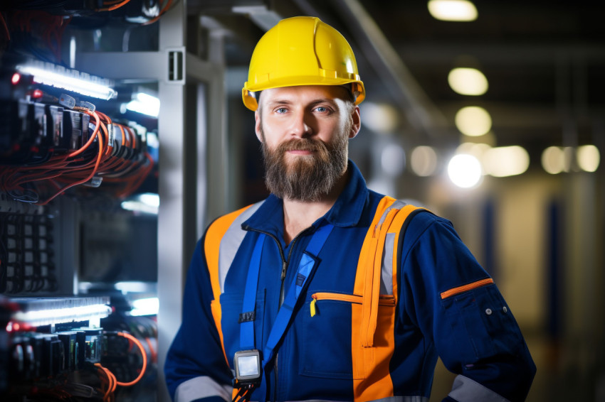 Electrician working confidently on blurry background Electrician working confidently on blurry background