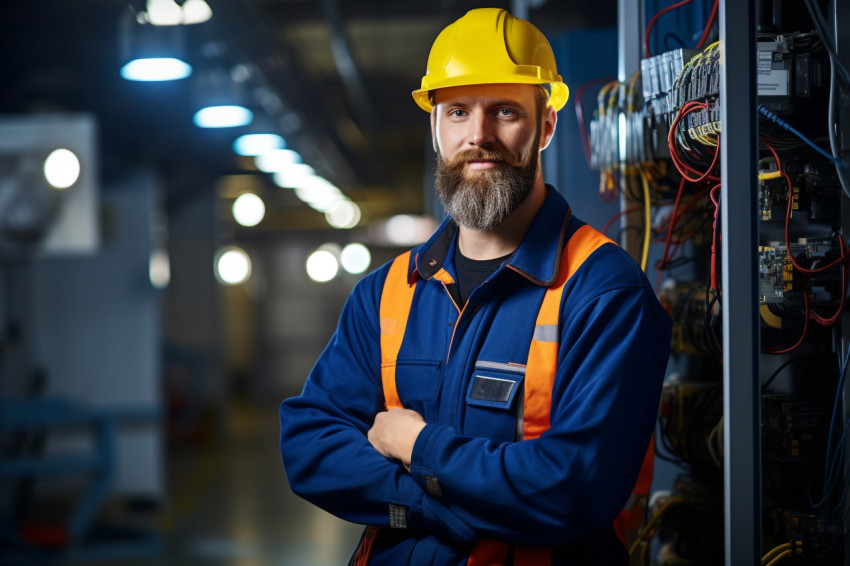 Electrician working confidently on blurry background Electrician working confidently on blurry background