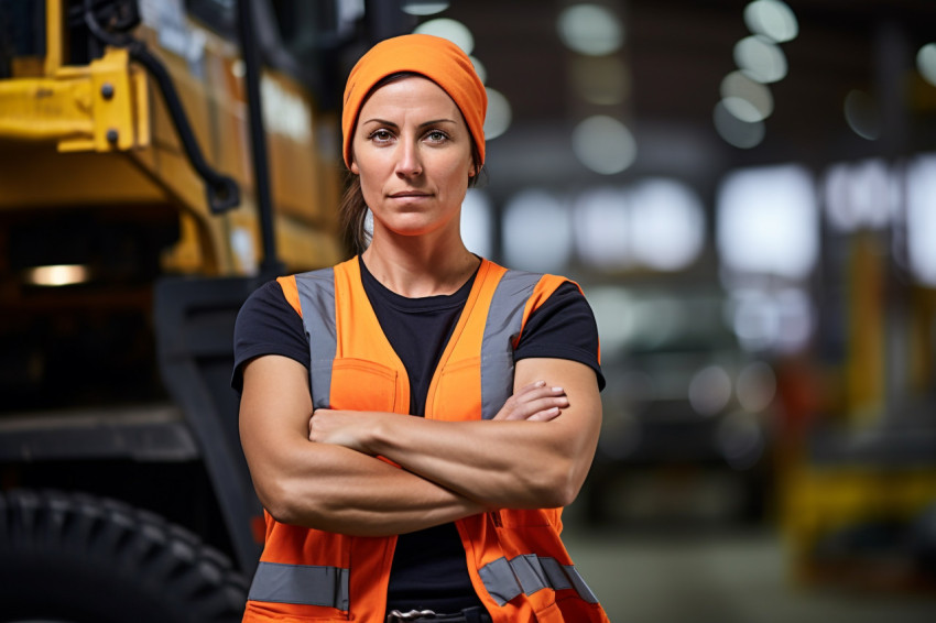 Confident construction worker working on blurred background Confident construction worker working on blurred background