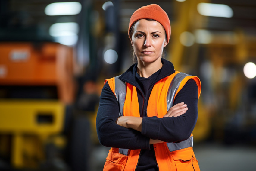 Confident construction worker working on blurred background Confident construction worker working on blurred background