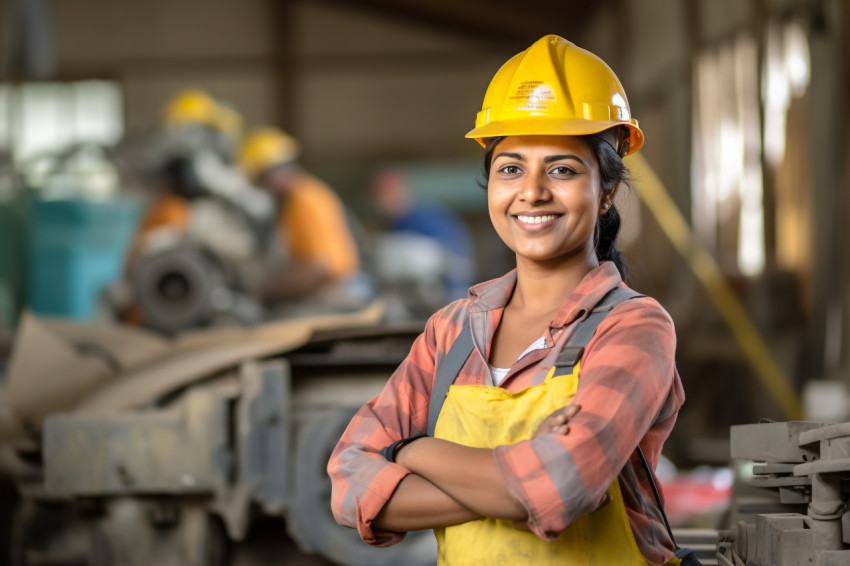 Indian woman construction worker smiling at work Indian woman construction worker smiling at work