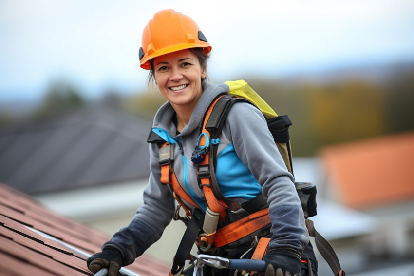 Female roofer working with a smile Female roofer working with a smile