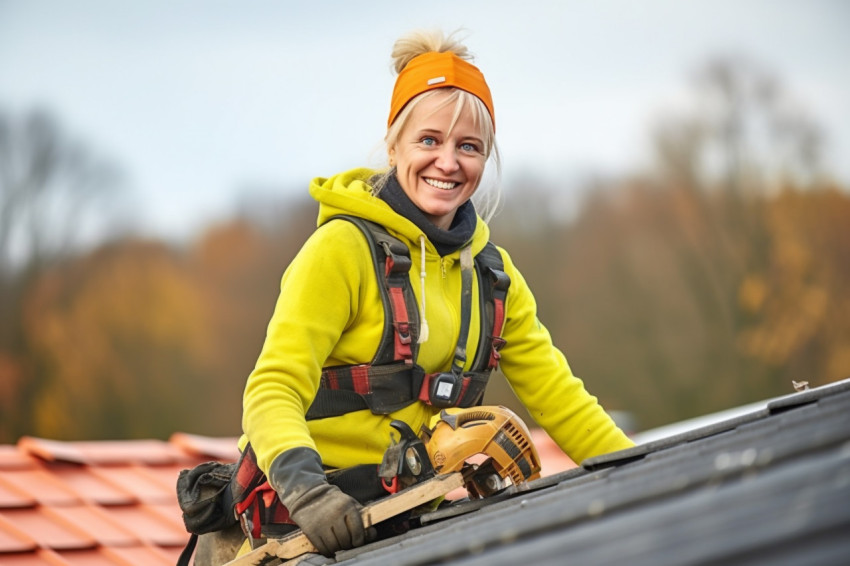 Female roofer working with a smile Female roofer working with a smile
