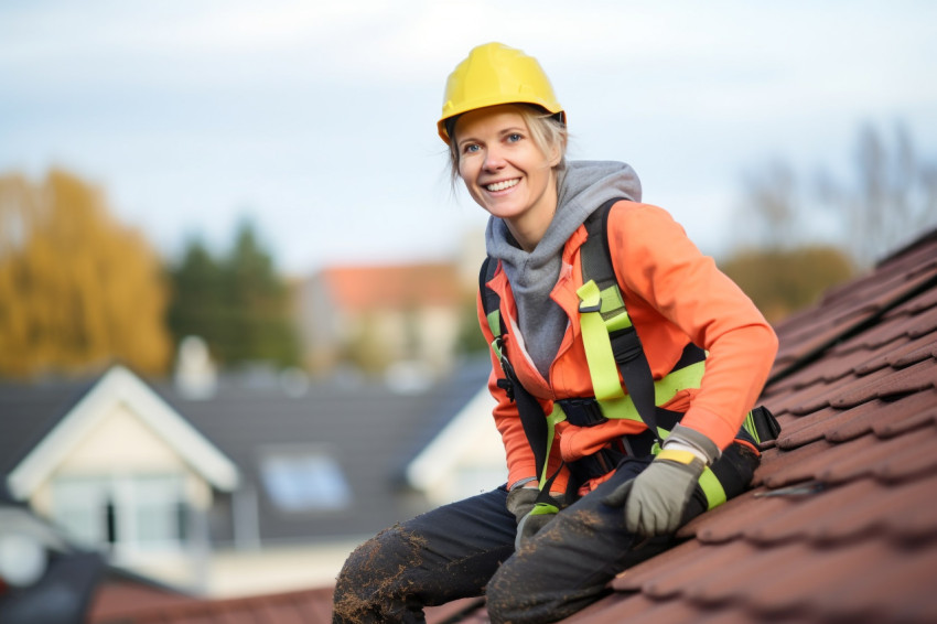 Female roofer working with a smile Female roofer working with a smile