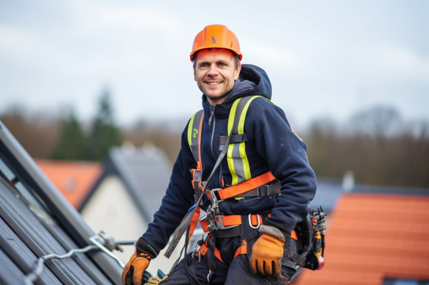 Female roofer working with a smile Female roofer working with a smile