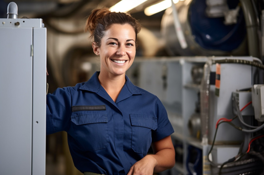 Female HVAC technician hard at work Female HVAC technician hard at work
