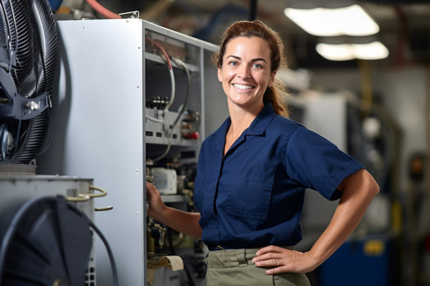 Female HVAC technician hard at work Female HVAC technician hard at work