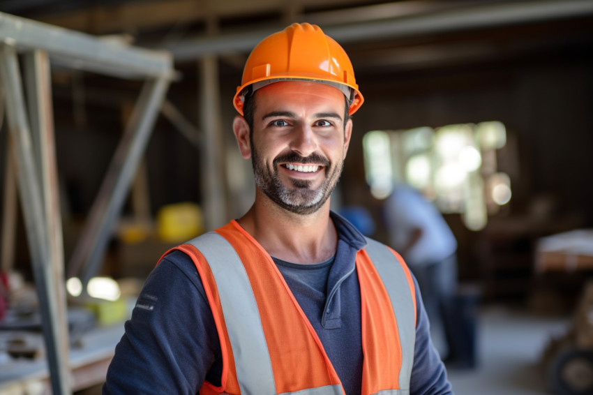 Smiling construction worker at work on blurred background Smiling construction worker at work on blurred background